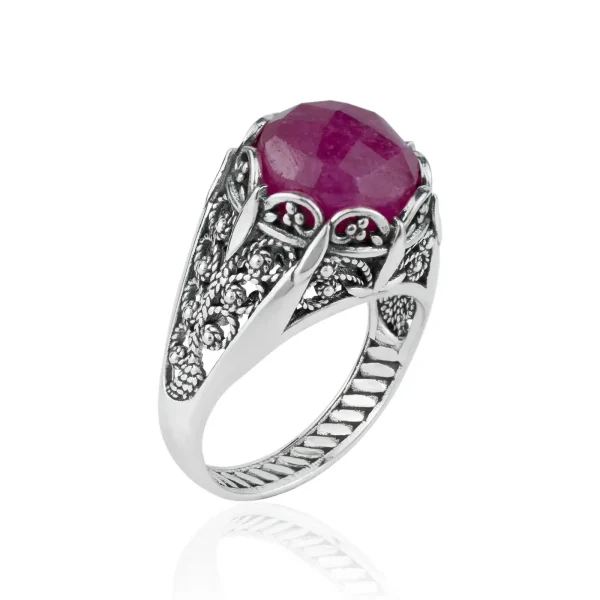 Filigree Art Ruby Corundum Gemstone Women Silver Cocktail Ring