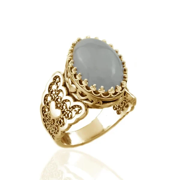 Double Heart Detailed Gray Moonstone Gemstone Filigree Art Gold Plated Sterling Silver Women Statement Ring