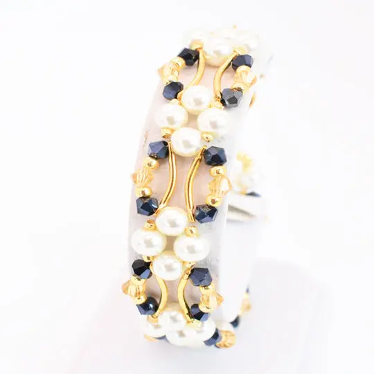 Midnight Navy Blue and Gold Crystal and Pearl Hex Block Link Bracelet