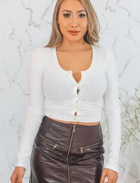 Ariella Button Up Ribbed Crop Top White