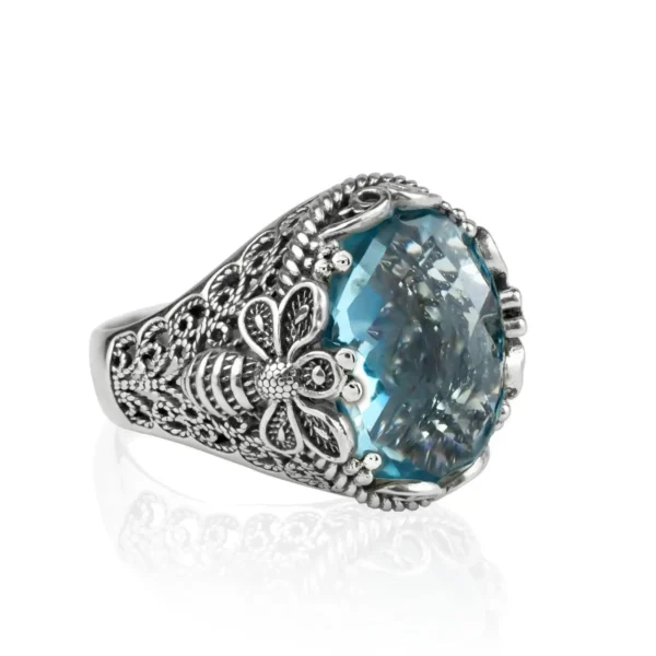 Filigree Art Bee Detailed Blue Topaz Gemstone Women Silver Statement Ring