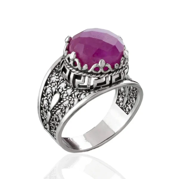 Meander Pattern Filigree Art Ruby Corundum Gemstone Women Silver Cocktail Ring