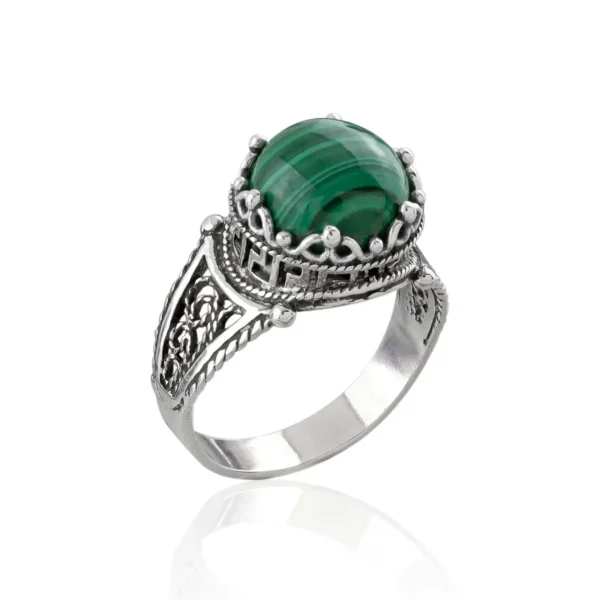 Greek Key Pattern Filigree Art Malachite Gemstone Women Silver Cocktail Ring