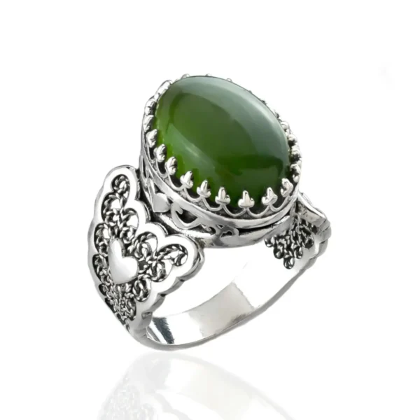 Serpentine Gemstone Double Heart Detailed Filigree Art 925 Sterling Silver Women Statement Ring