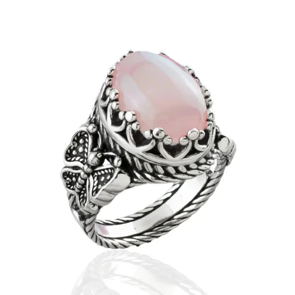 Rose Quartz Gemstone Filigree Art Double Butterfly Detailed Women Silver Statement Ring
