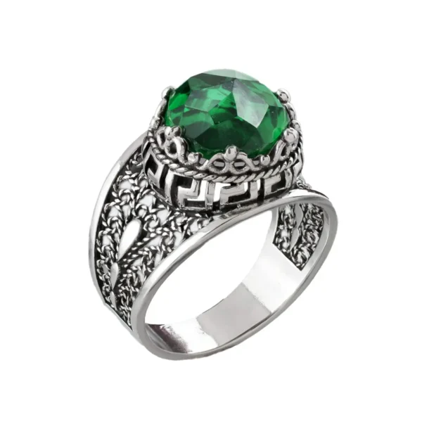 Meander Pattern Filigree Art Peridot Gemstone Women Silver Cocktail Ring