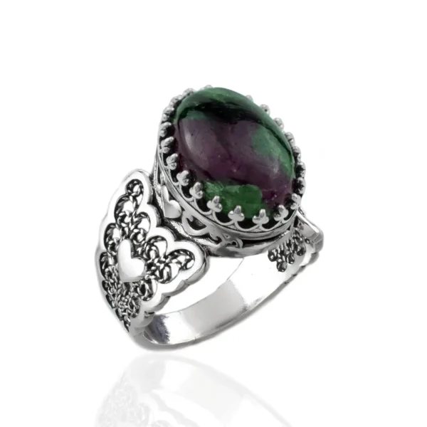 Ruby Zoisite Gemstone Double Heart Detailed Filigree Art 925 Sterling Silver Women Statement Ring