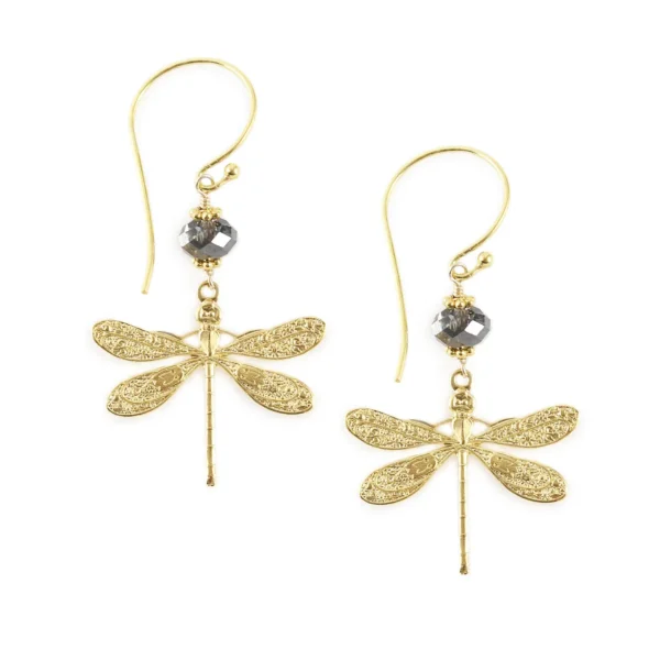 18K gold plated dragonfly earrings with Black Diamond crystals