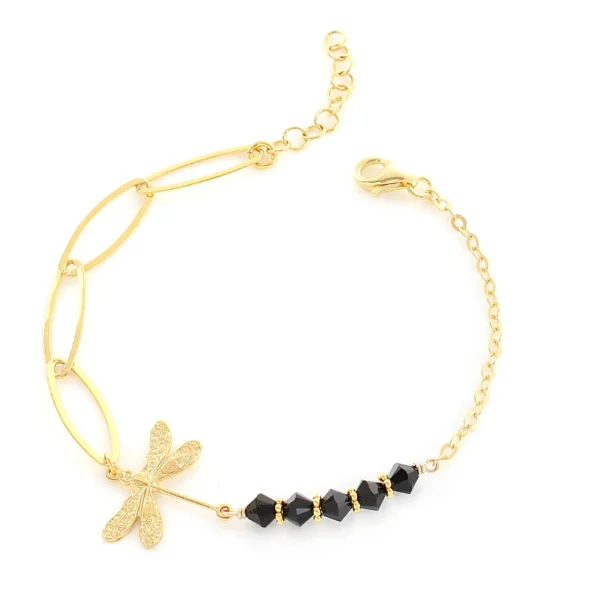 18K gold plated dragonfly bracelet with black crystals