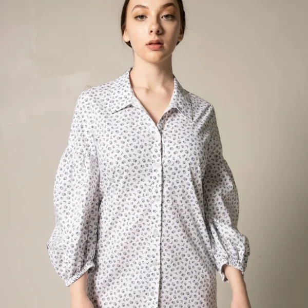 Shirt Dress with Oversized Sleeves in White Floral